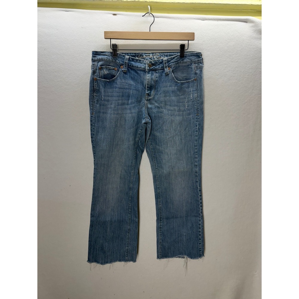 American Eagle True Boot Jeans Women 12 Blue Good Raw Distressed Low Rise 3513